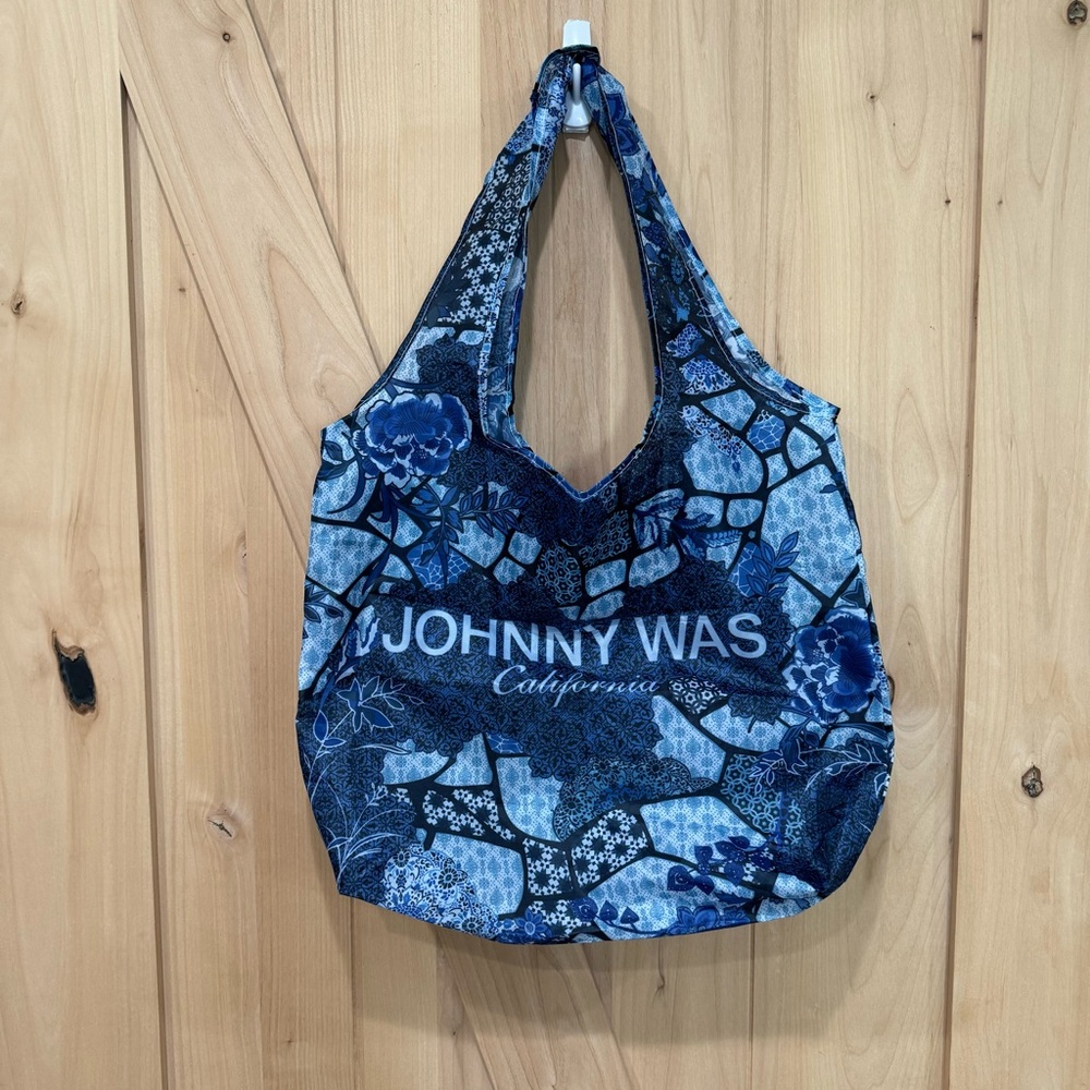 Johnny Was Reusable Nylon Shopping Tote Blue Floral Patchwork - Picture 13 of 13